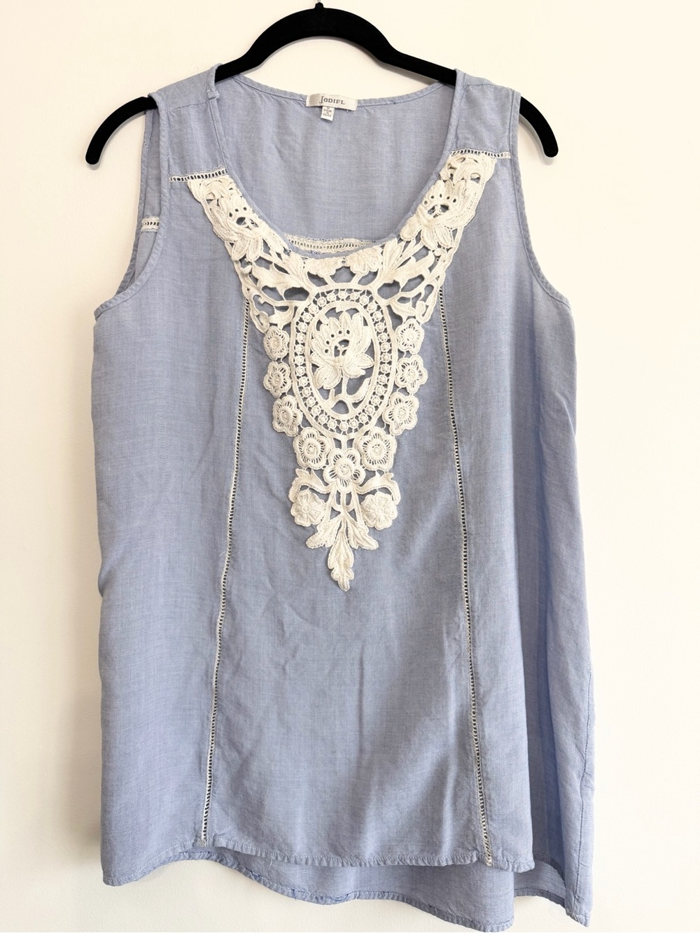 JODIFL Light Blue Sleeveless Top with White Lace Detail